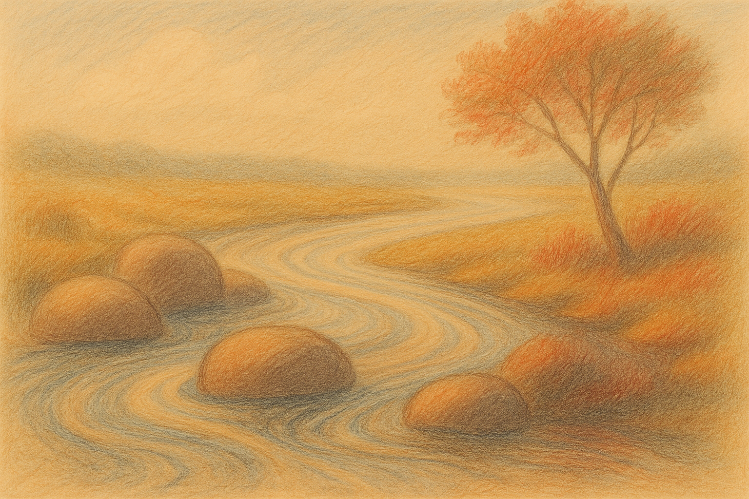 A calm river flows past smooth rocks and a red-leaved tree in warm tones.