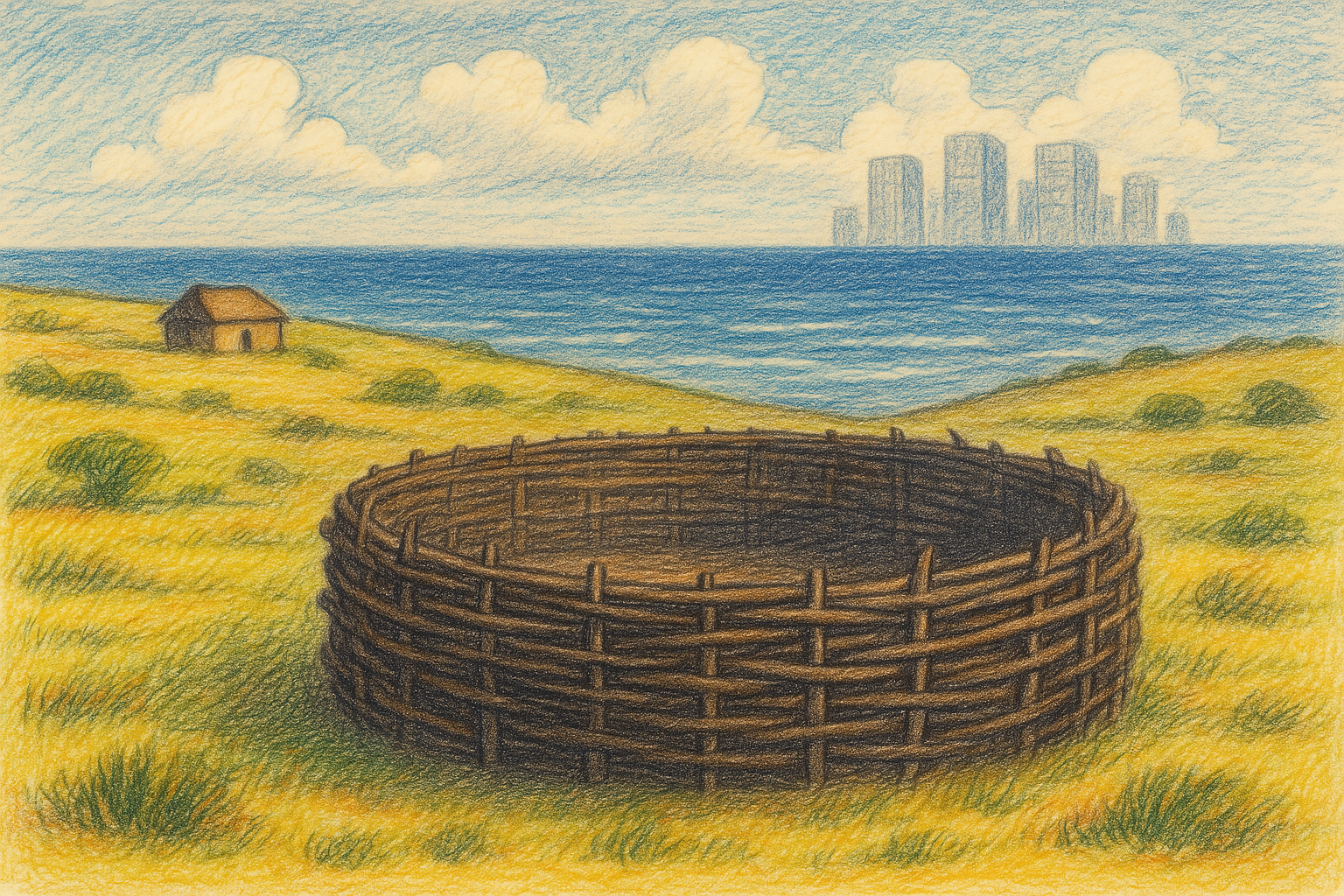 Wooden kraal on grassy coast with small house and city skyline across the sea.